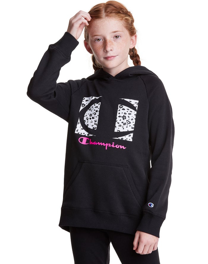 Champion Girls Hoodie NZ - Fleece Raglan Leopard Knockout Logo Black ( 9018-VJDAG )